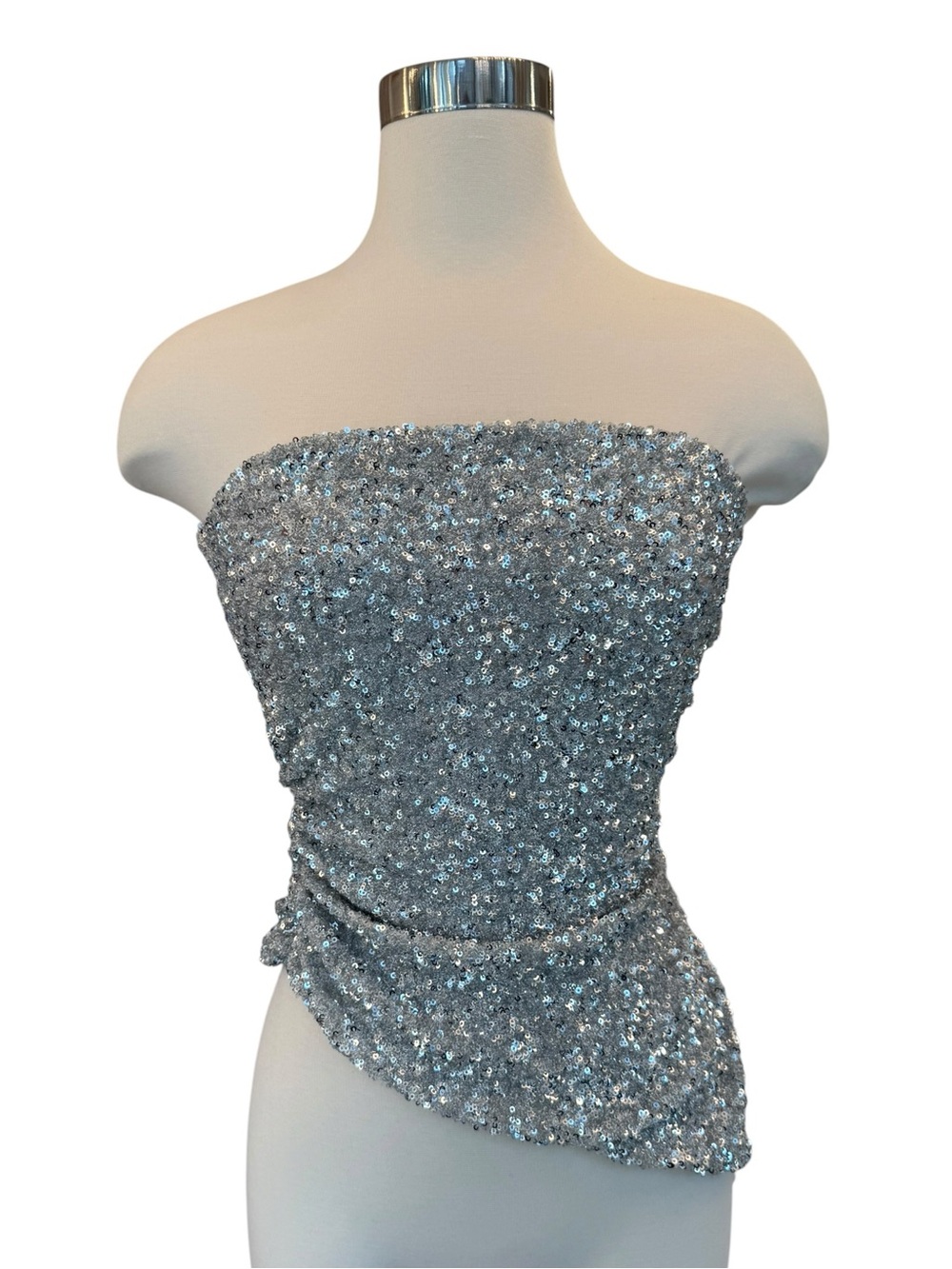 Zara Silver Strapless Sequin Asymmetric Bandeau Top